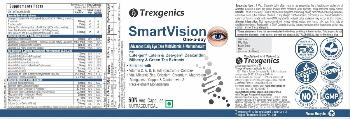 Trexgenics SmartVision supplement label with text and logos