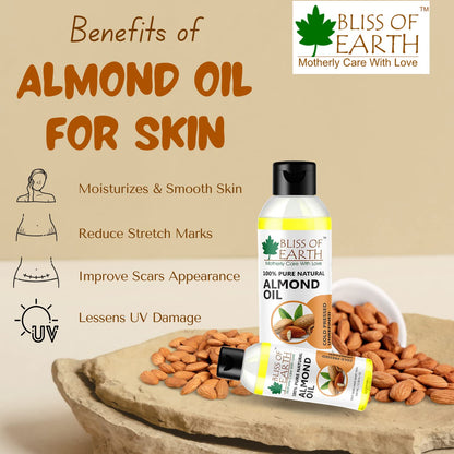 Bliss of Earth� 100% Pure & Natural Sweet Almond Oil (Coldpressed & Unrefined) Extracted From Whole Almond Kernels (100ML)