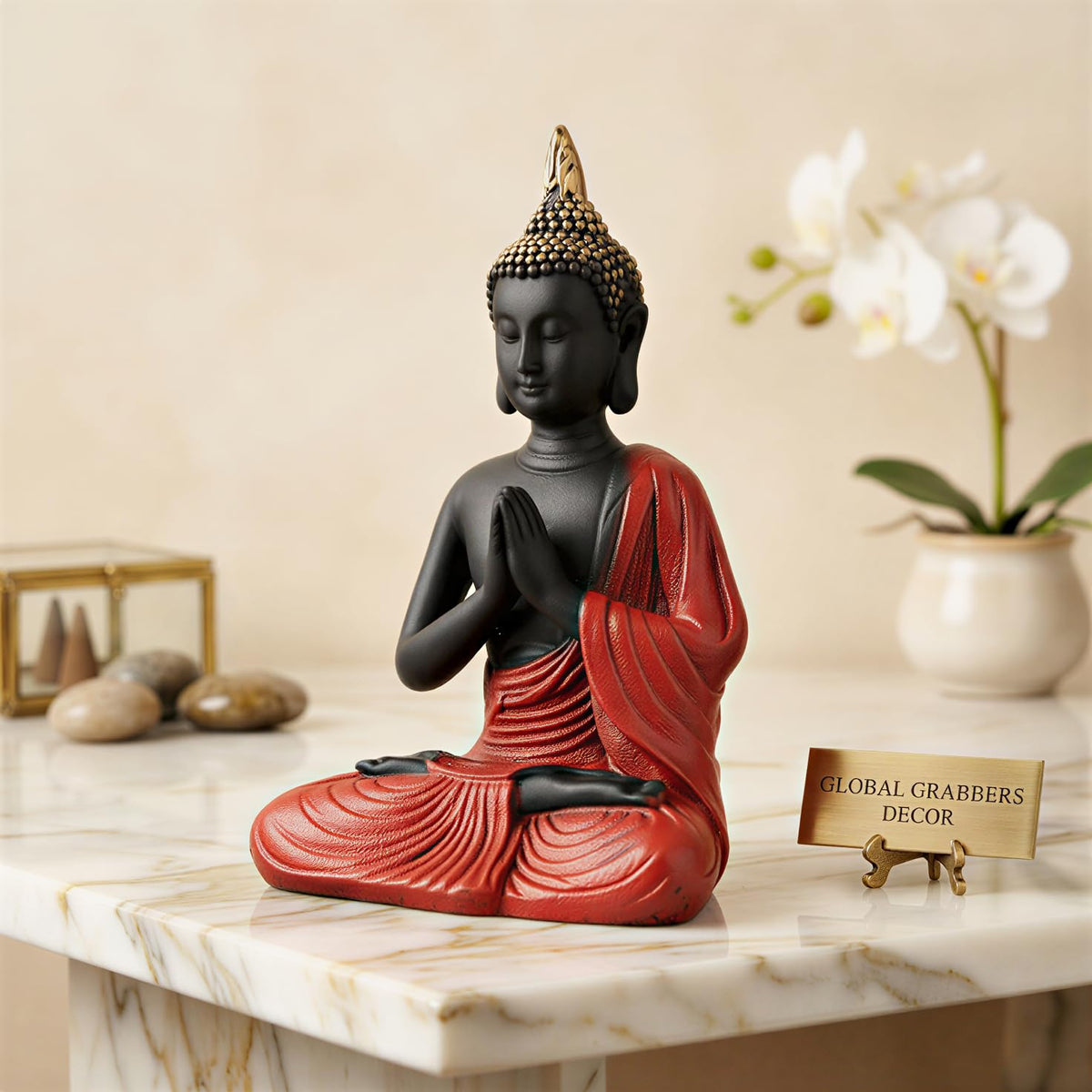 New Namaste Praying Buddha Statue showpiece Idol Home Decor Items for Living Room and Gifts (RED Black)