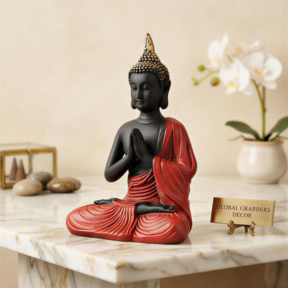 New Namaste Praying Buddha Statue showpiece Idol Home Decor Items for Living Room and Gifts (RED Black)