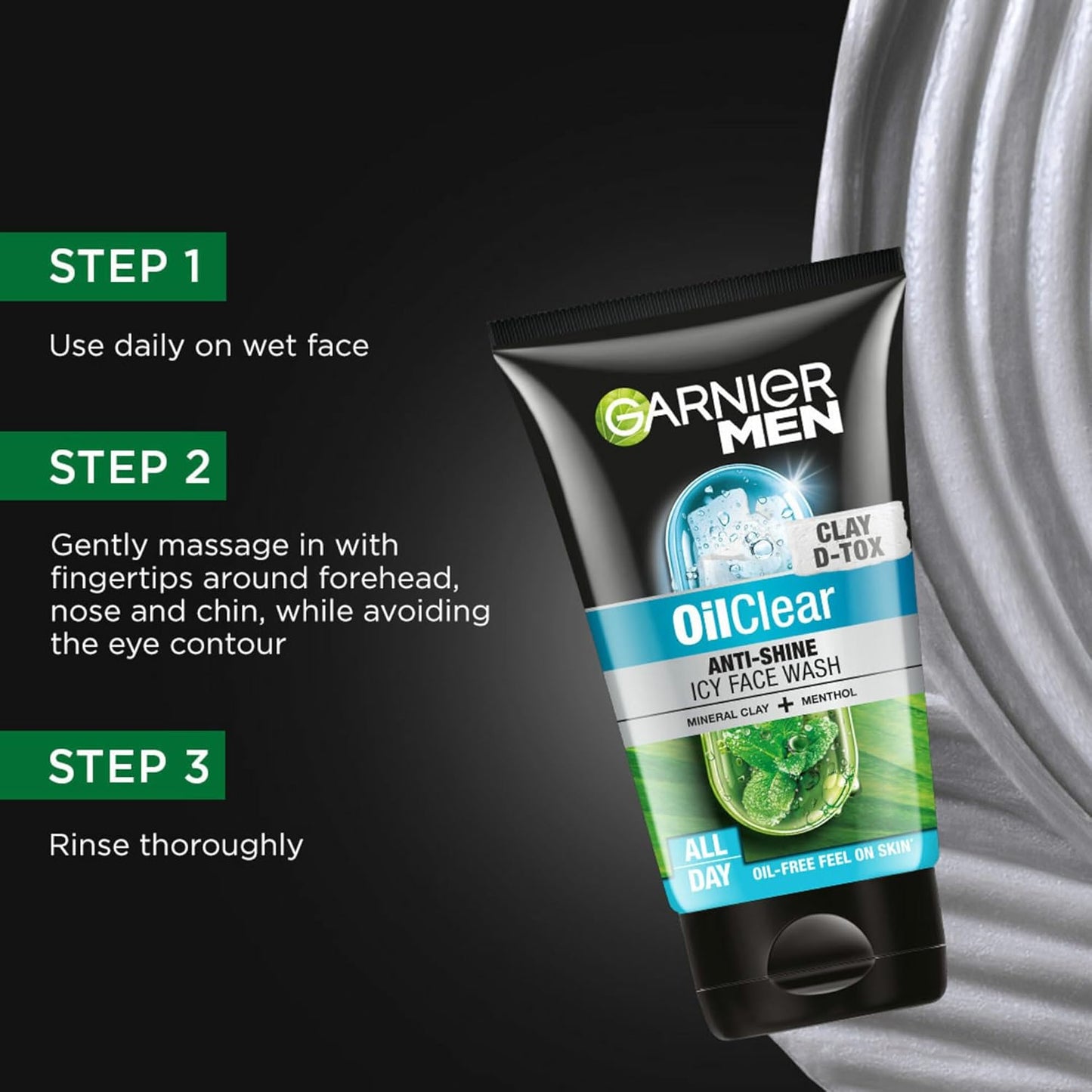 Garnier Men Oil Clear face wash tube with usage instructions on a black background