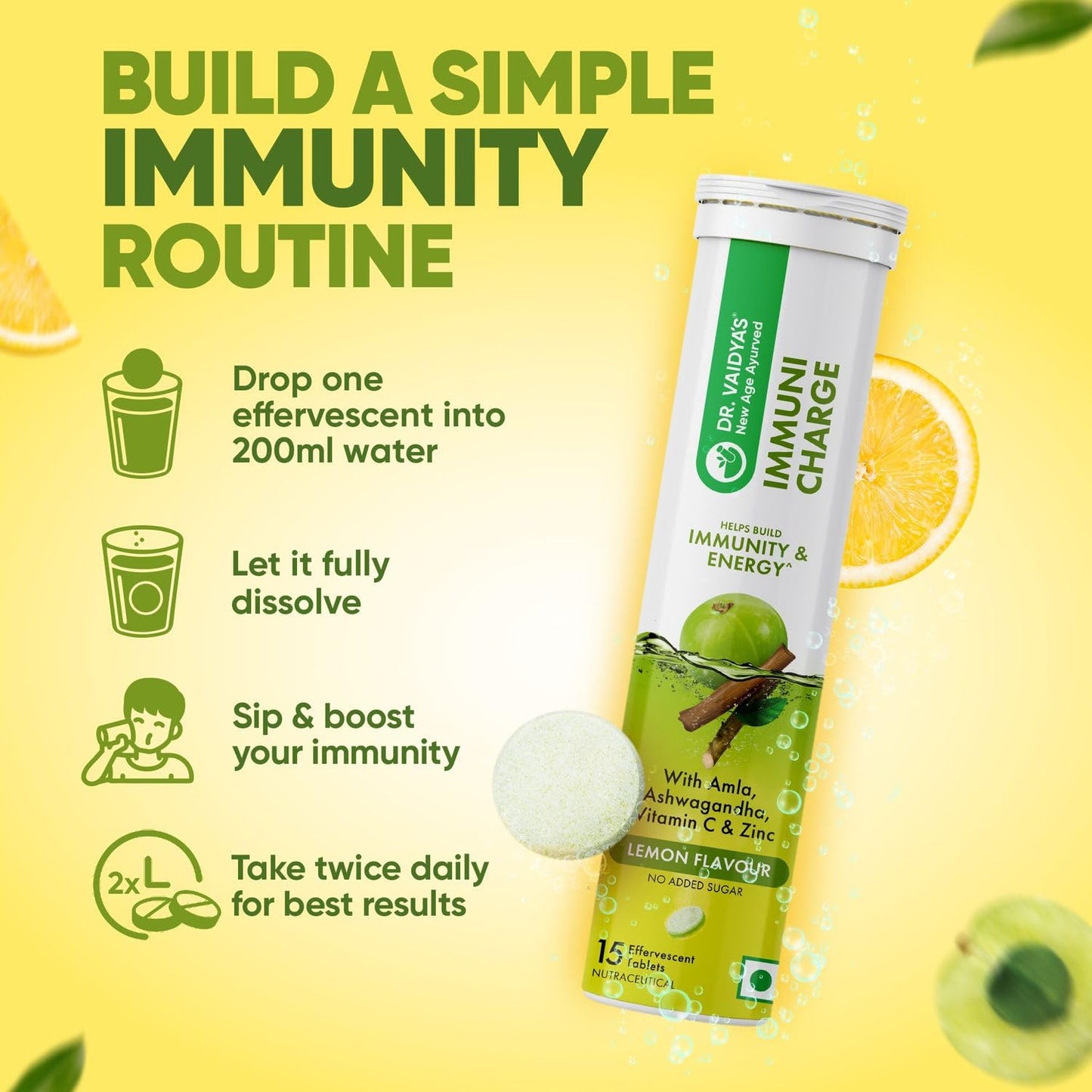 Dr. Vaidya's Immuni Charge Effervescent | No Added Sugar | Boosts Immunity With Vitamin C, Amla & Zinc | Lemon Flavour | (15 Tablets Each)