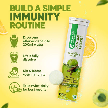 Dr. Vaidya's Immuni Charge Effervescent | No Added Sugar | Boosts Immunity With Vitamin C, Amla & Zinc | Lemon Flavour | (15 Tablets Each)