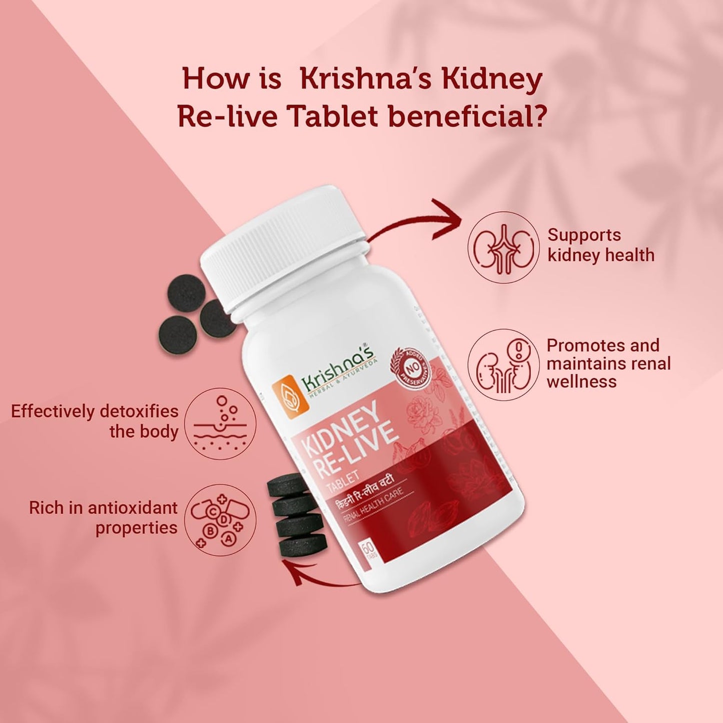 Krishna's Kidney-Re Live Tablets – Advanced Kidney & Urinary Health Support Formula, 60 Tablets (Pack of 1)