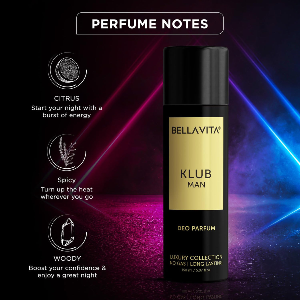 Bellavita Klub Man deo parfum bottle with perfume notes on a dark background