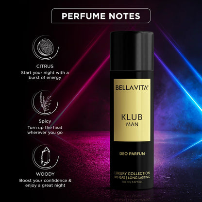 Bellavita Klub Man deo parfum bottle with perfume notes on a dark background