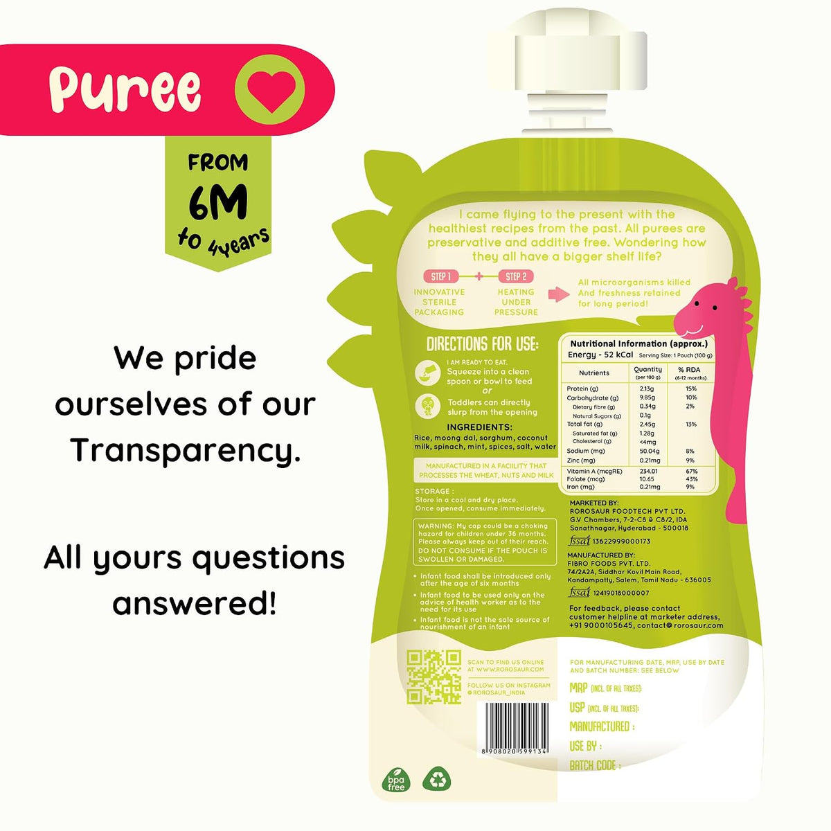 Rorosaur Baby Food Puree Pouch | Ready to Eat Palak Dal with Jowar in Pouch for 6+ Months Baby| Spinach |Easy to Digest, 100% Natural Healthy, No Preservatives, No Sugar, No Salt | 100g each, Pk of 2