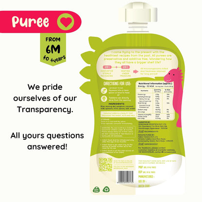 Rorosaur Baby Food Puree Pouch | Ready to Eat Palak Dal with Jowar in Pouch for 6+ Months Baby| Spinach |Easy to Digest, 100% Natural Healthy, No Preservatives, No Sugar, No Salt | 100g each, Pk of 2