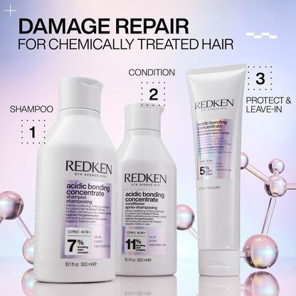 Redken hair care products for damage repair on a pink and white background
