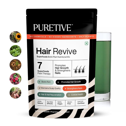 PURETIVE Hair Revive package with a glass of green liquid on a white background
