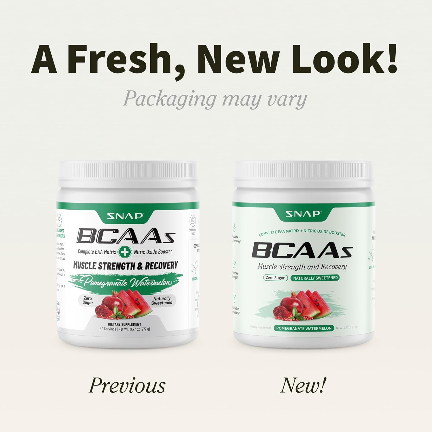 Two containers of SNAP BCAAs with text indicating a fresh new look and packaging variation.