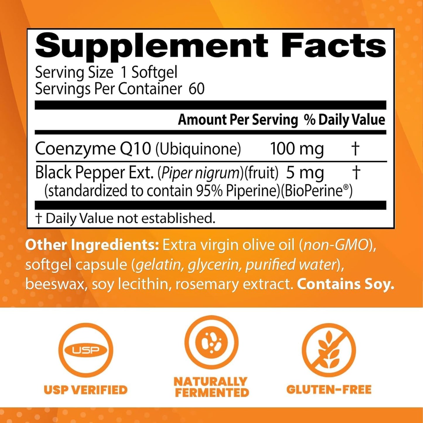 Supplement facts label with Coenzyme Q10 and Black Pepper Ext. on an orange background