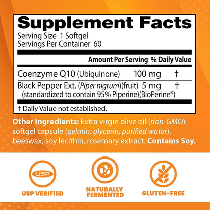 Supplement facts label with Coenzyme Q10 and Black Pepper Ext. on an orange background