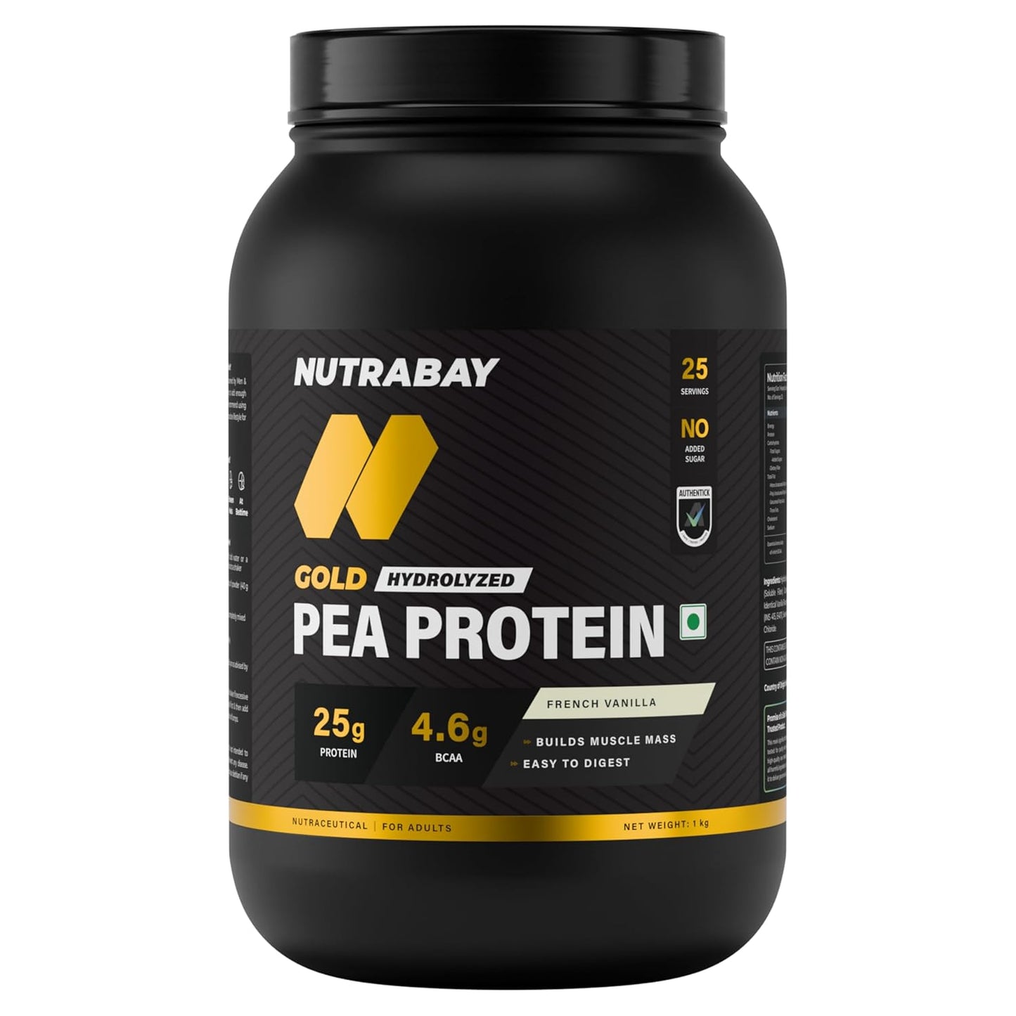Black container of Nutrabay Gold Hydrolyzed Pea Protein on a white background