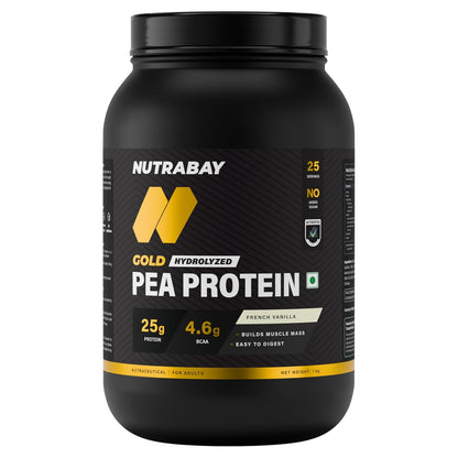 Black container of Nutrabay Gold Hydrolyzed Pea Protein on a white background