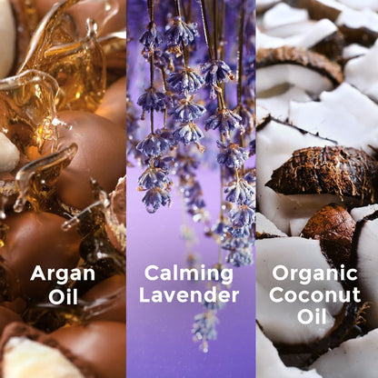 Three product images with labels for Argan Oil, Calming Lavender, and Organic Coconut Oil.