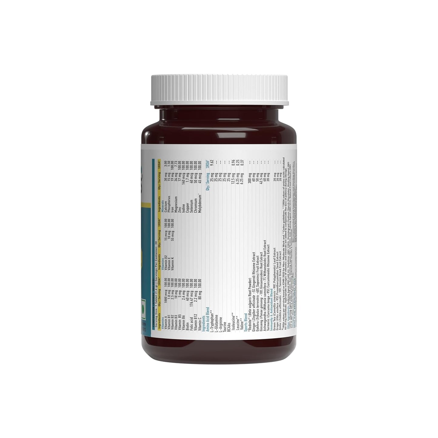 Bottle of supplements with a label on a white background