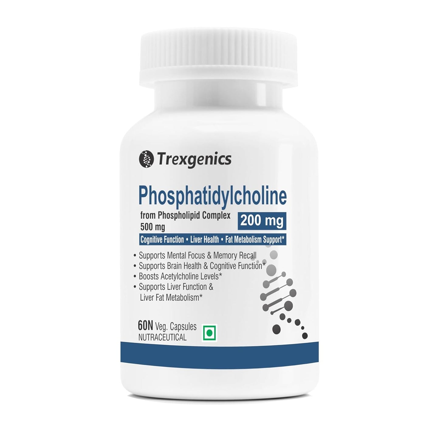Trexgenics PHOSPHATIDYLCHOLINE 200 mg from Phospholipid Complex 500 mg, Cognitive Function, Liver and Brain Health, Fat Metabolism Support (60 Veg Capsules) (Pack of 1)
