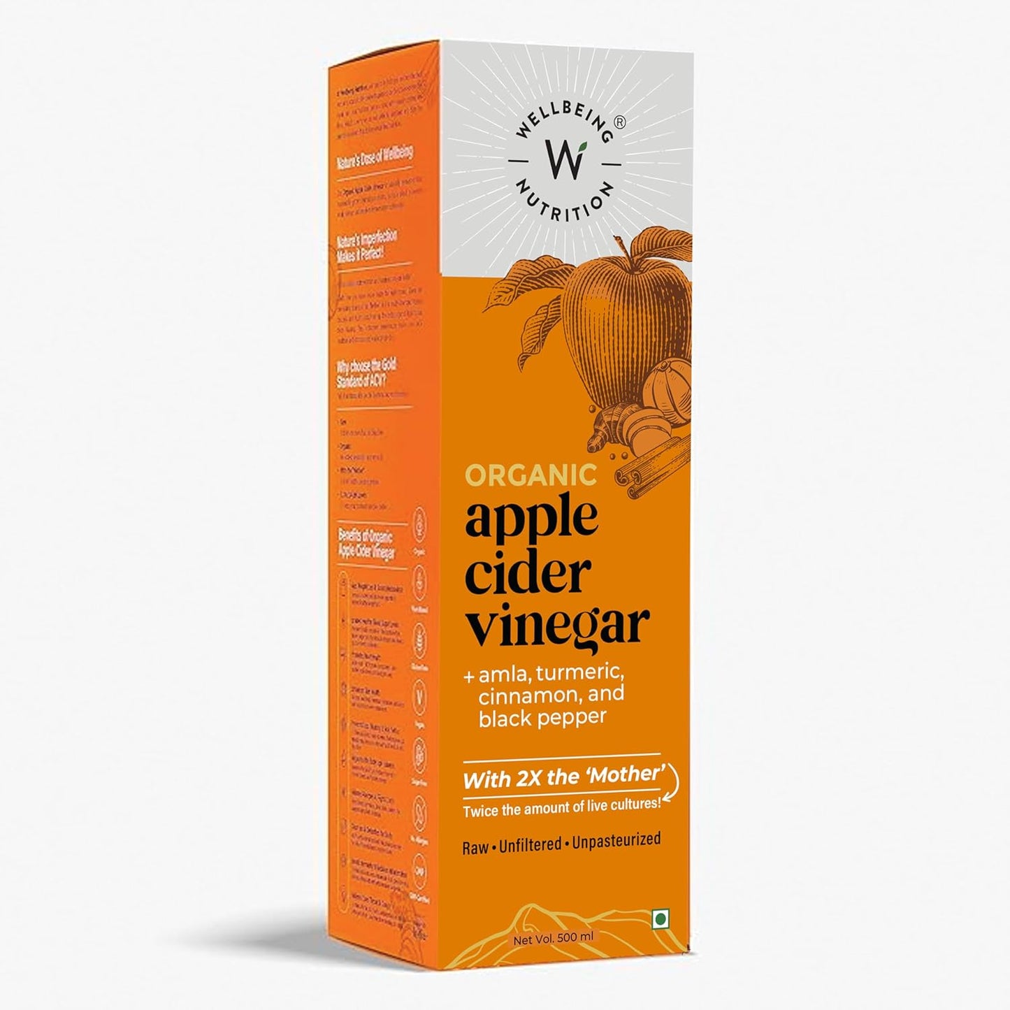 Wellbeing Nutrition Apple Cider Vinegar with Turmeric, Amla, Cinnamon and Black Pepper | Raw Unfiltered with 2X The Mother | Supports Weight Management, Boost Immunity & Detox, Skin Health | 500ml