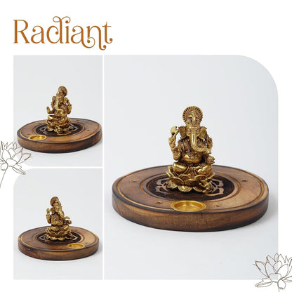 Brass Ganesha Idol on Wooden Base for Home Temple & Desk | Lord Ganesh Murti | Ganpati Idol for Spiritual Home Decor (Design01: L10 x W10 x H6 cm)