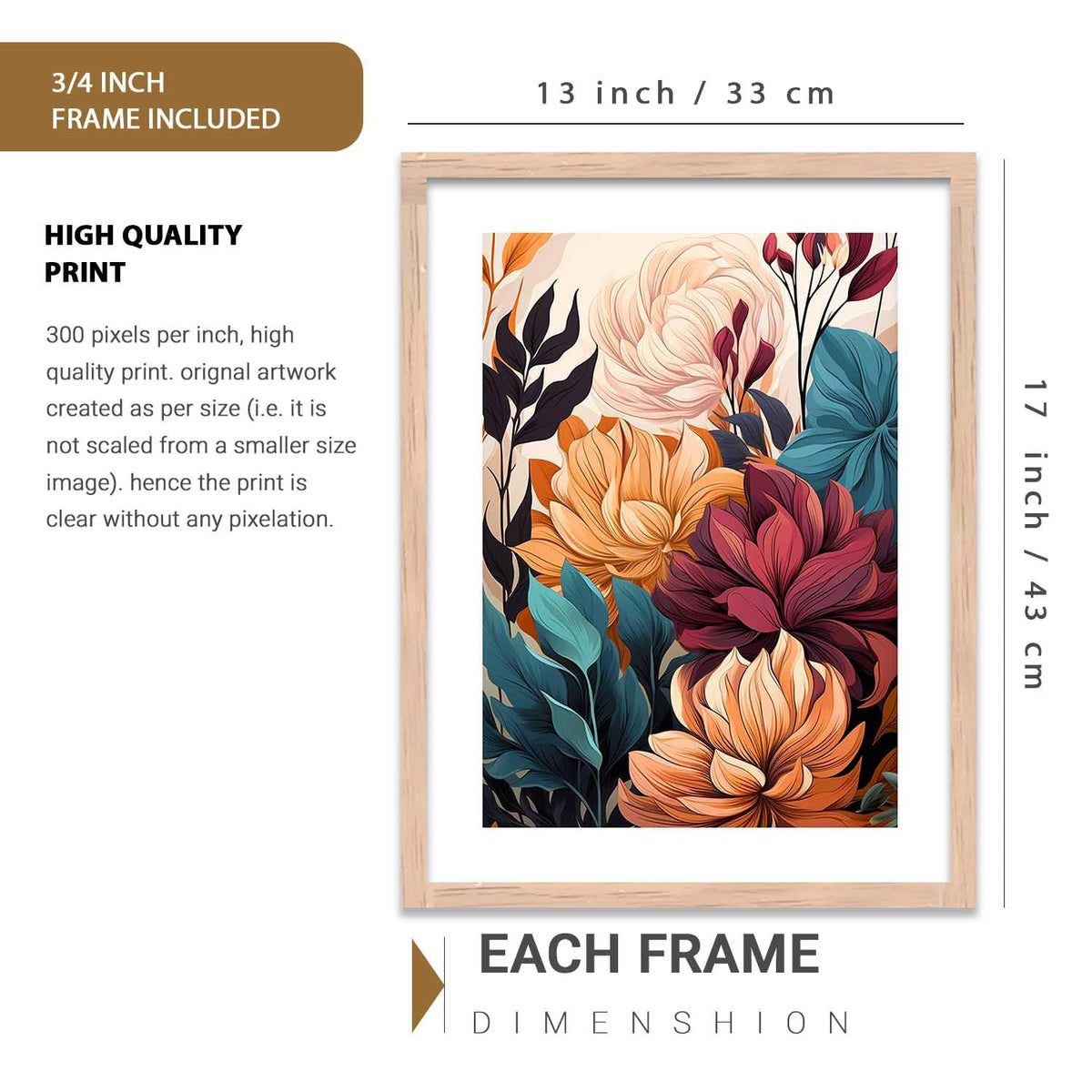Floral Art Home Decoration Floral Paintings With Frame For Living Room Bed Room Hotel Wall Decor Digital Reprint Set of 3 (13x17 inch)