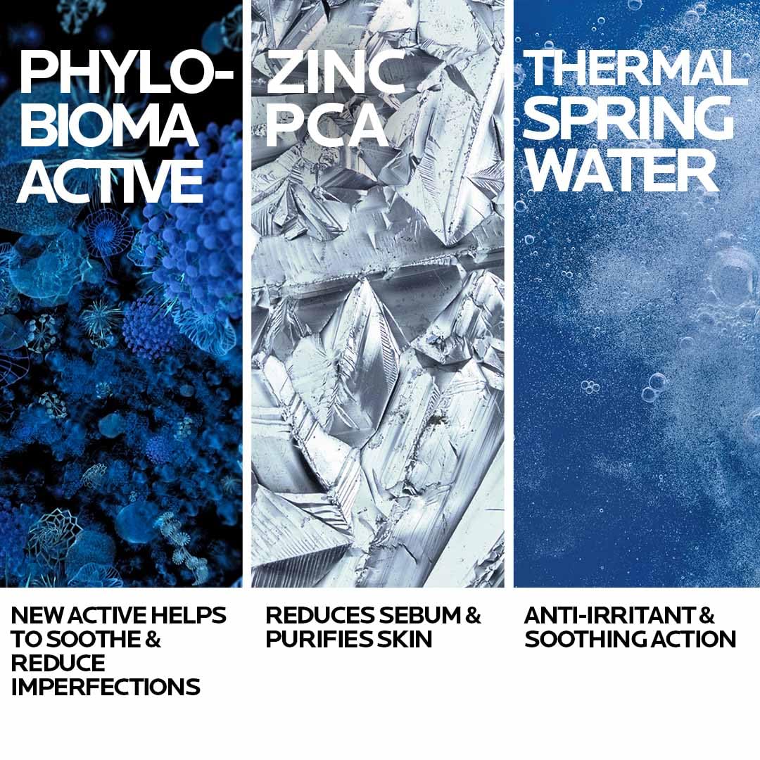 Three vertical panels with text and images related to 'Phylo-Bioma Active', 'Zinc PCA', and 'Thermal Spring Water'.