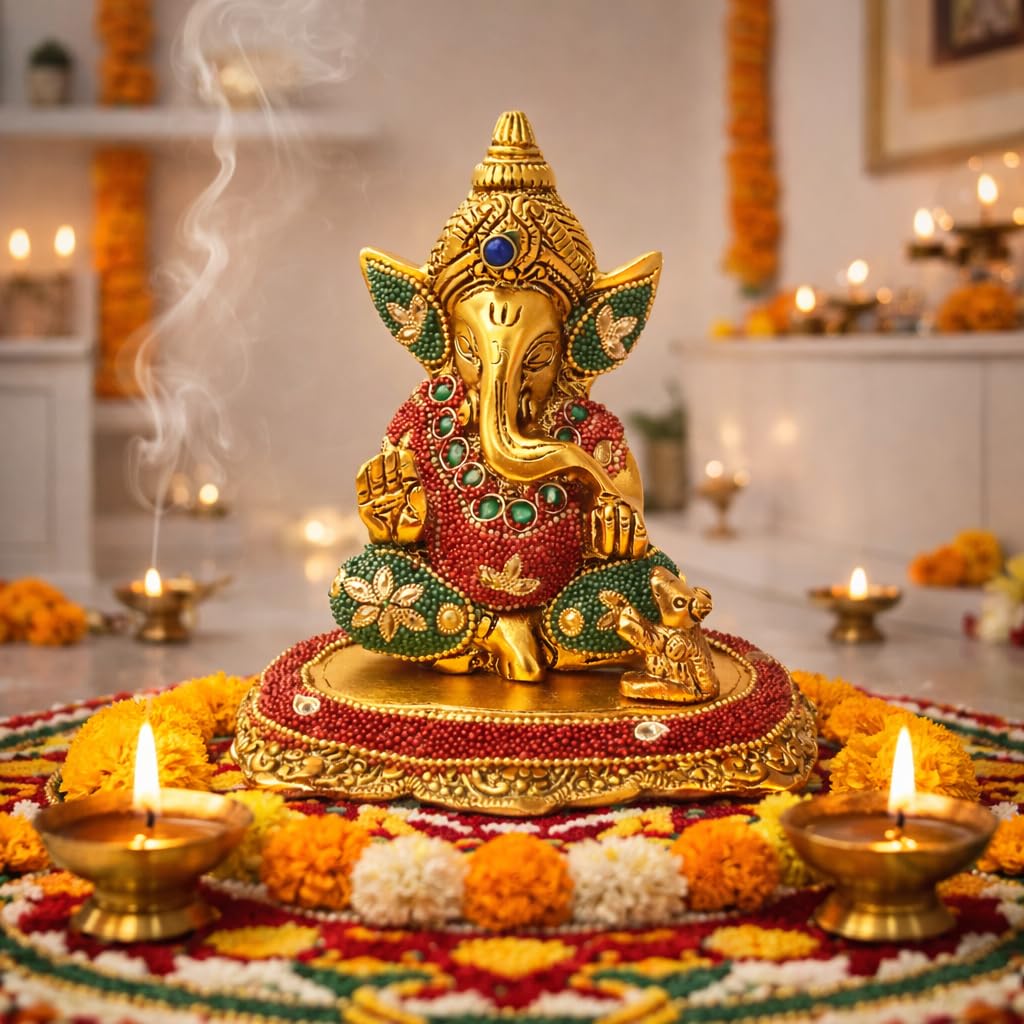 Kalakriti Metal Ganpati Idol with Mouse, 6 Inch Gold Finish Lord Ganesha Statue for Home Decor |Temple Office Hostel Desk, Hindu God Ganesh Vinayaka Decorative Showpiece for Living Room, Chua Ganesh