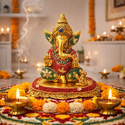 Kalakriti Metal Ganpati Idol with Mouse, 6 Inch Gold Finish Lord Ganesha Statue for Home Decor |Temple Office Hostel Desk, Hindu God Ganesh Vinayaka Decorative Showpiece for Living Room, Chua Ganesh