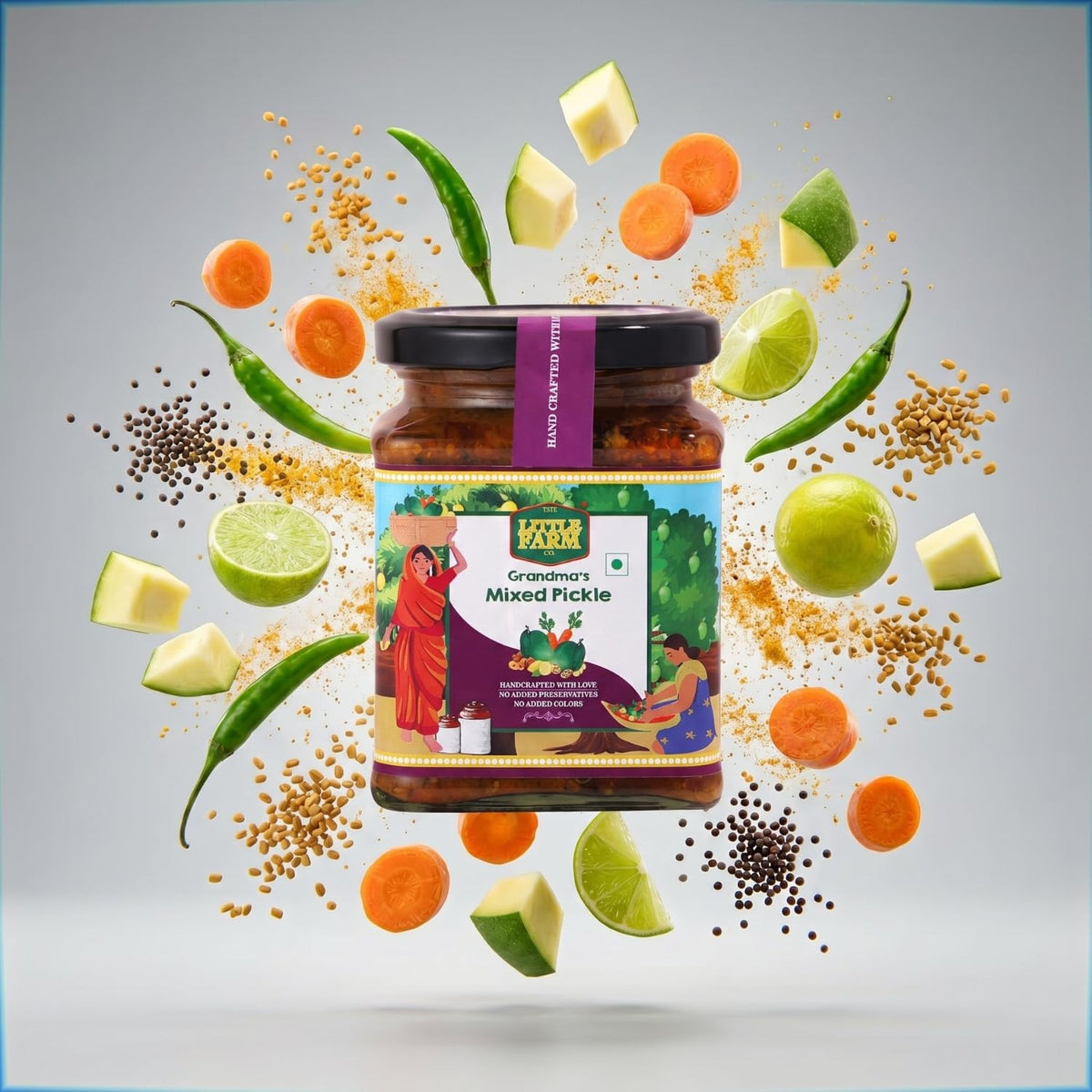 THE LITTLE FARM CO Mixed Pickle 250g In Punjabi Masala, Perfect Blend of Mango, Green Chilli, Lemon, Carrot, Lotus Stem & Ginger, Mix Achar In Cold Pressed Mustard Oil With No Added Colors & Preservatives, Made In Less Oil