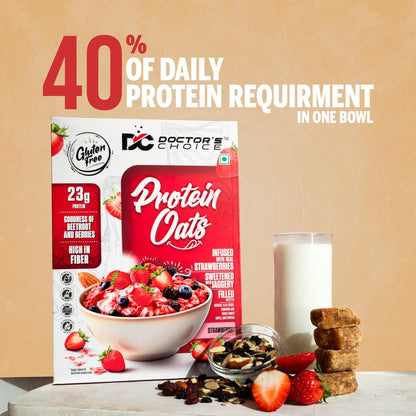 Doctors Choice High Protein Oats 750g | 24g Protein Oatmeal | Natural Strawberrry Flavour | No Added Sugar | Gluten Free | High Fiber Healthy Breakfast Oats