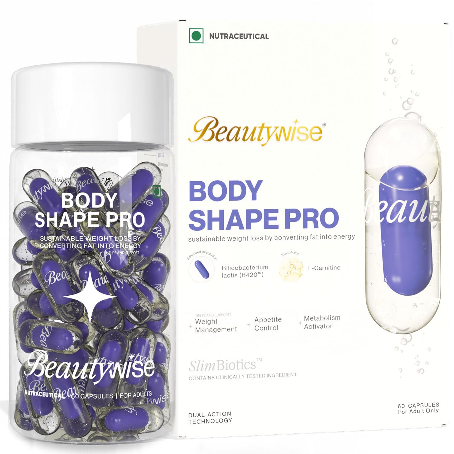 Beautywise Body Shape Pro supplement packaging with capsules and box on a white background