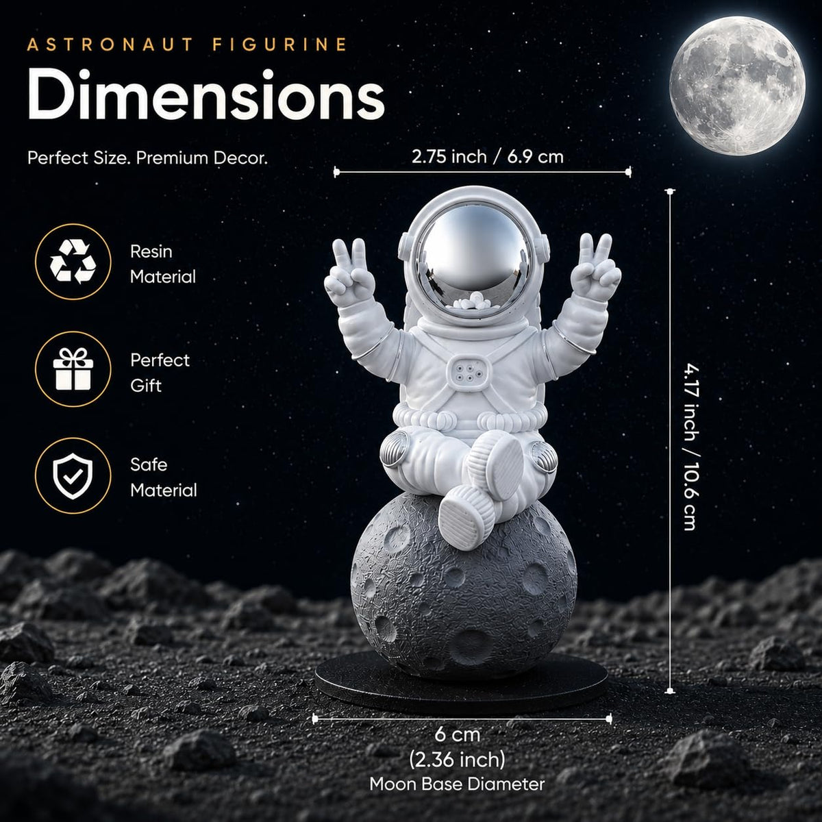 Astronaut Figurine Showpiece for Home Décor, Office Desk, Car Dashboard & Table Decoration | Space Astronaut Statue Collectible Gift for Home, Room & Workspace (Sitting on Moon Silver Large)
