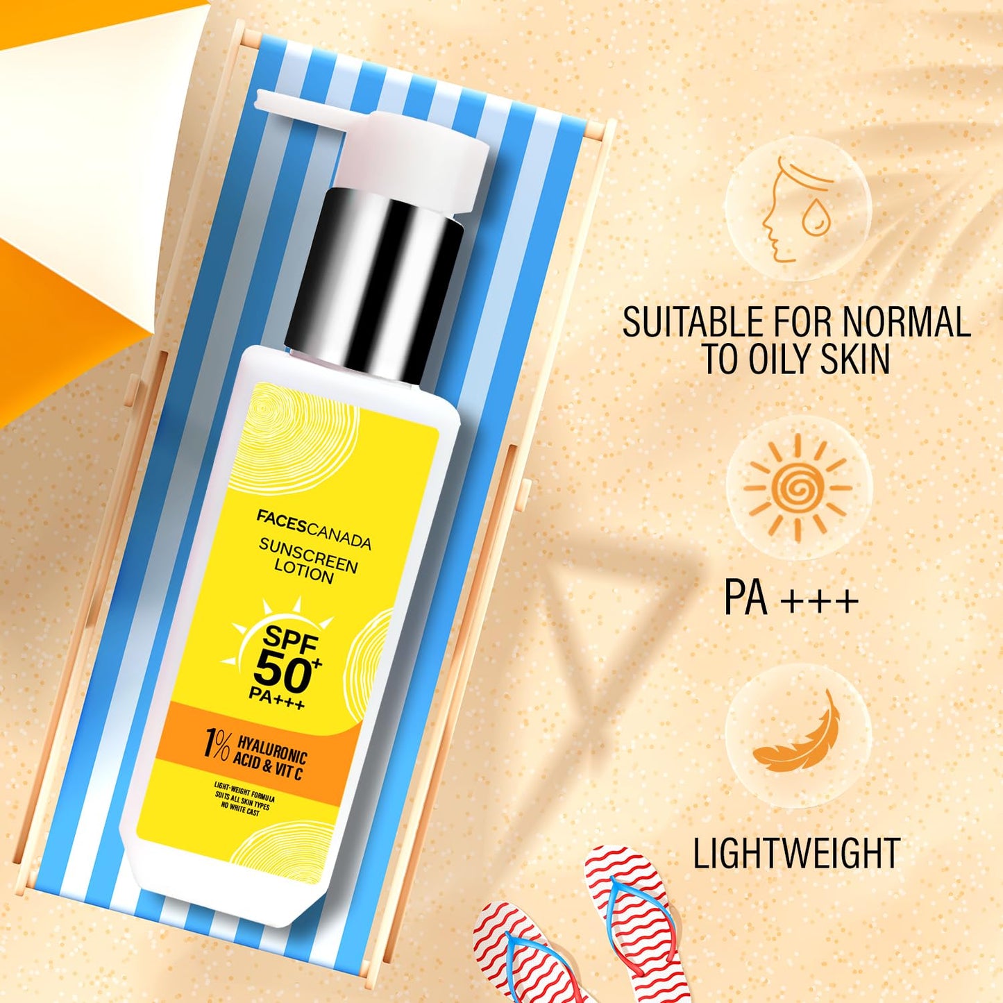 FACESCANADA Sunscreen Lotion, 100ml | SPF 50 PA+++ | Oily Protects From UVA & UVB Rays | 1% Hyaluronic Acid & Vitamin C | Lightweight | No White Cast | Natural Radiant Glow| No Alcohol | No Parabens