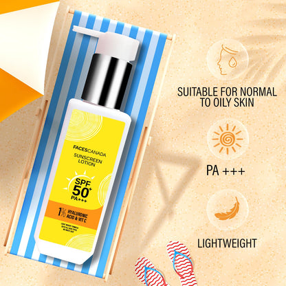 FACESCANADA Sunscreen Lotion, 100ml | SPF 50 PA+++ | Oily Protects From UVA & UVB Rays | 1% Hyaluronic Acid & Vitamin C | Lightweight | No White Cast | Natural Radiant Glow| No Alcohol | No Parabens