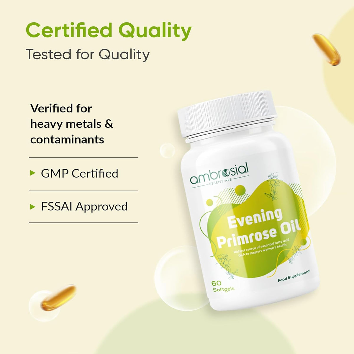 Ambrosial Evening Primrose Oil supplement bottle with certification details on a light yellow background