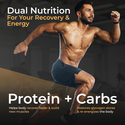 Man exercising with text about dual nutrition for recovery and energy, featuring protein and carbs.