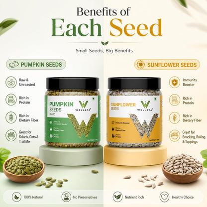 WELLAYA Combo of Pumpkin and Sunflower Seeds | Healthy Diet Snacks | Fibre & Protein Raw Seeds for Eating (Pumpkin Seeds (Raw) 250g + Sunflower Seeds 250g)