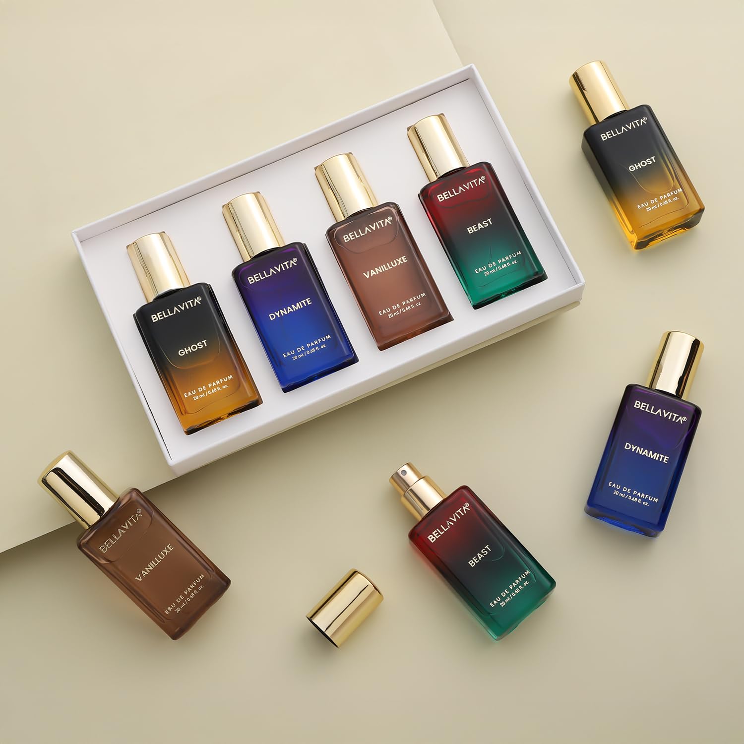 Collection of Bellavero perfume bottles on a beige background