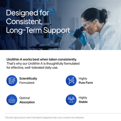 Scientist using a microscope with text about Urolithin A support.