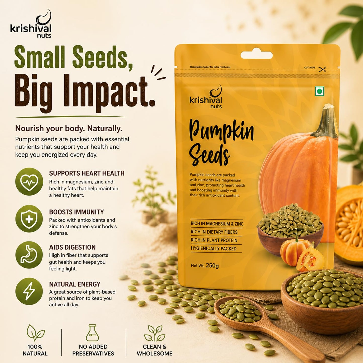 Krishival Pumpkin Seeds 180g, Healthy Raw Seeds, High Protein & Zinc, Diet Snack for Immunity & Weight Loss, Natural Superfood Seeds