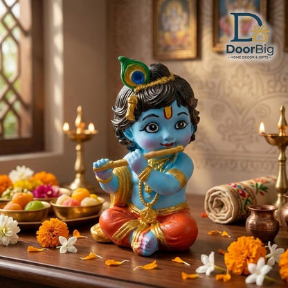 DOOR BIG Little Krishna Idol for Car Dashboard | Bal Gopal Laddu Gopal Murti | Cute Baby Krishna Statue for Home Temple, Office Desk & Pooja Room Decor | Resin Showpiece | Janmashtami Gift