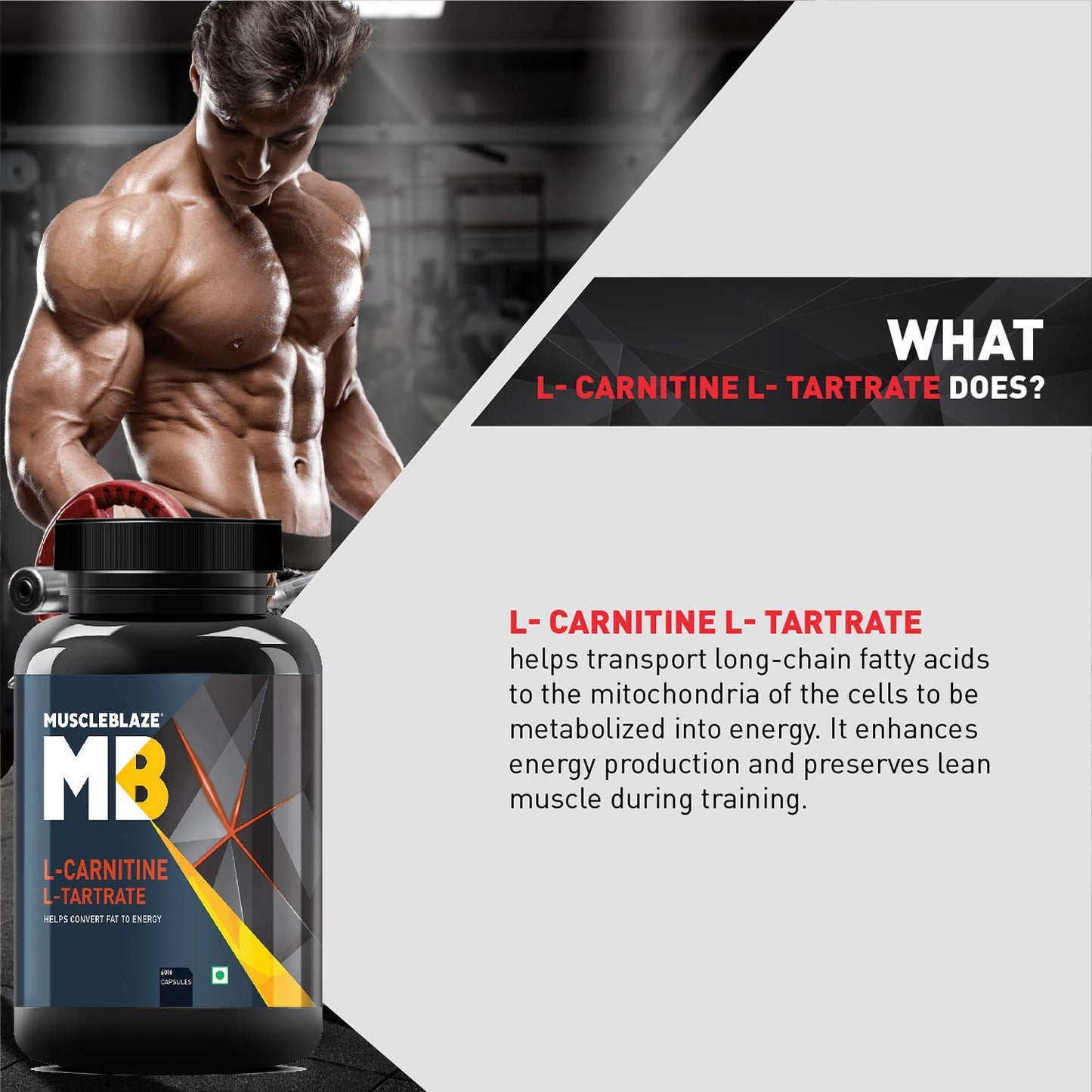 MuscleBlaze L-Carnitine L-Tartrate for Adults, Helps Convert Fat into Energy (Unflavoured, Capsules 60 Count )