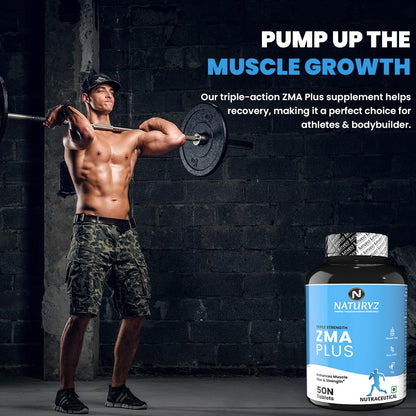 Man lifting weights with a supplement bottle labeled 'Naturyz ZMA Plus' on a dark brick wall background.