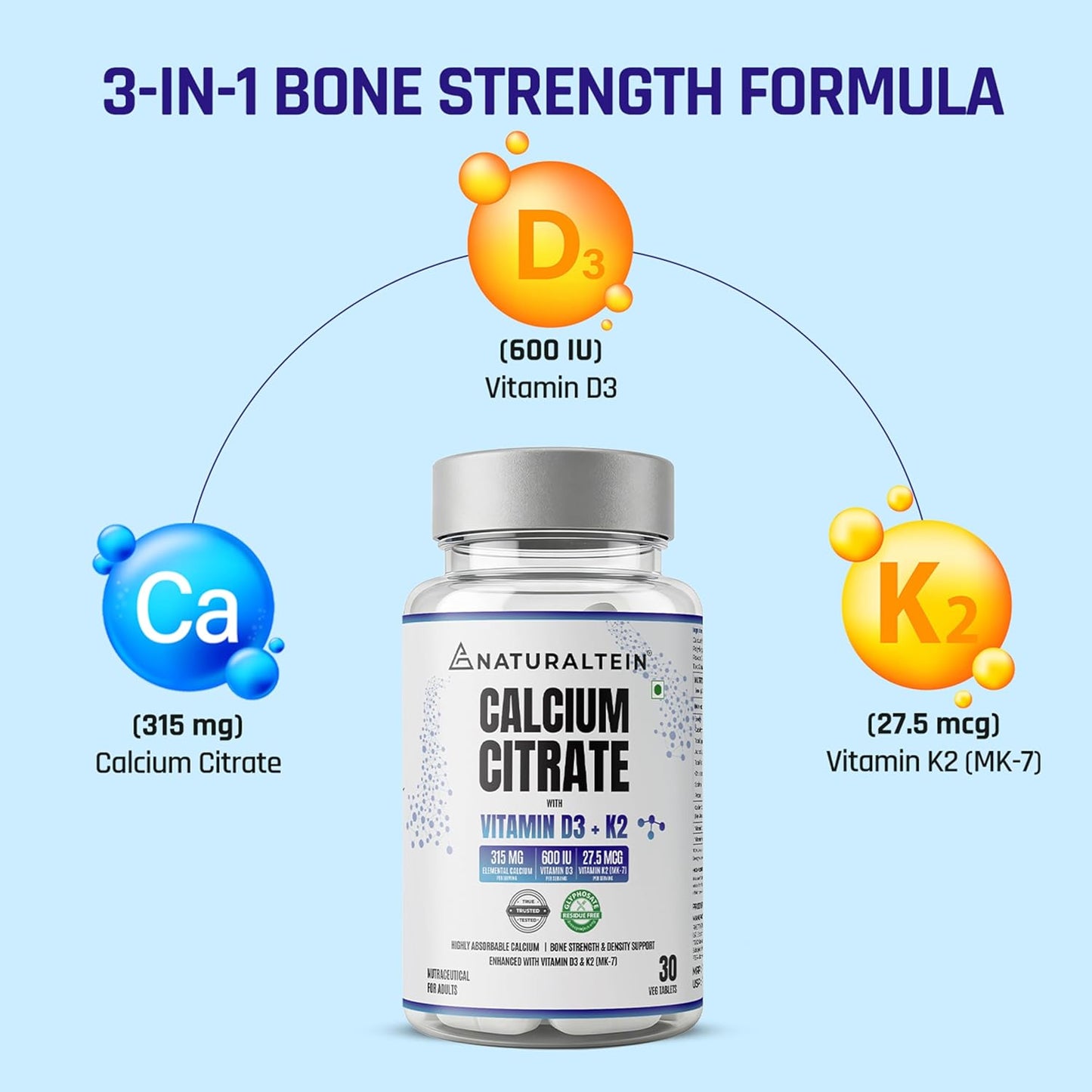 Supplement bottle labeled 'Calcium Citrate' with vitamins D3, Ca, and K2 on a light blue background