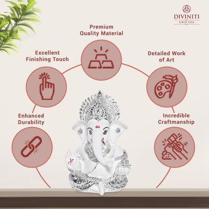 999 Silver Plated Resin Lord Ganesha Idol for Car Dashboard, Tabletop|Ganesh Statue for Good Luck and Success|Ganpati Murti for Home Decor Mandir, Office Desk Puja Gift White (8.4x4.2cm)