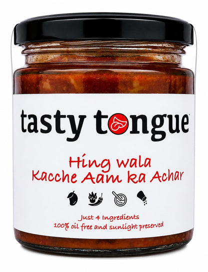 tasty tongue' Heeng Wala Kacche Aam ka teekha Achar/Hing ki Achari (Spicy Asafoetida-Raw Mango Pickle), Traditional, 100% Oil-Free, preservatives-free, Sun dried, Certified