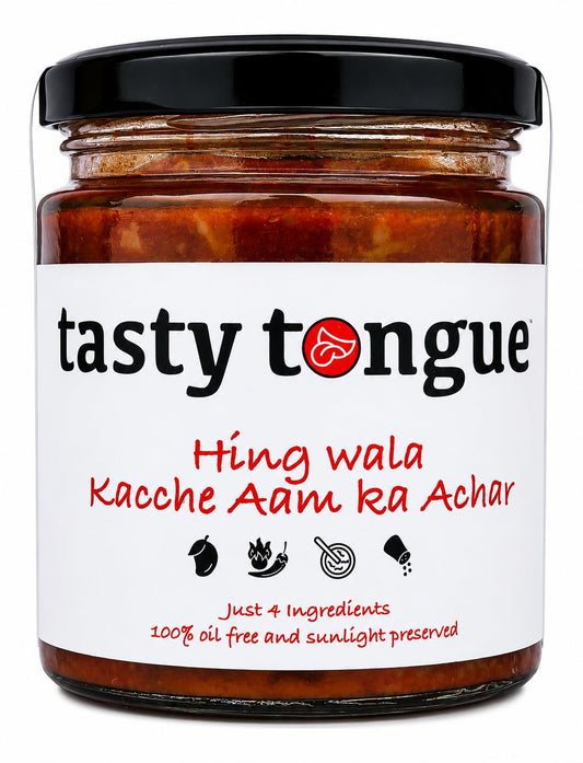 tasty tongue' Heeng Wala Kacche Aam ka teekha Achar/Hing ki Achari (Spicy Asafoetida-Raw Mango Pickle), Traditional, 100% Oil-Free, preservatives-free, Sun dried, Certified