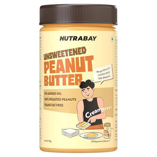 Nutrabay Foods All-Natural Peanut Butter (Creamy) - Unsweetened, 750g | 100% Roasted Peanuts, 28g Protein, Zero Cholesterol, Vegan, Gluten Free, Non GMO