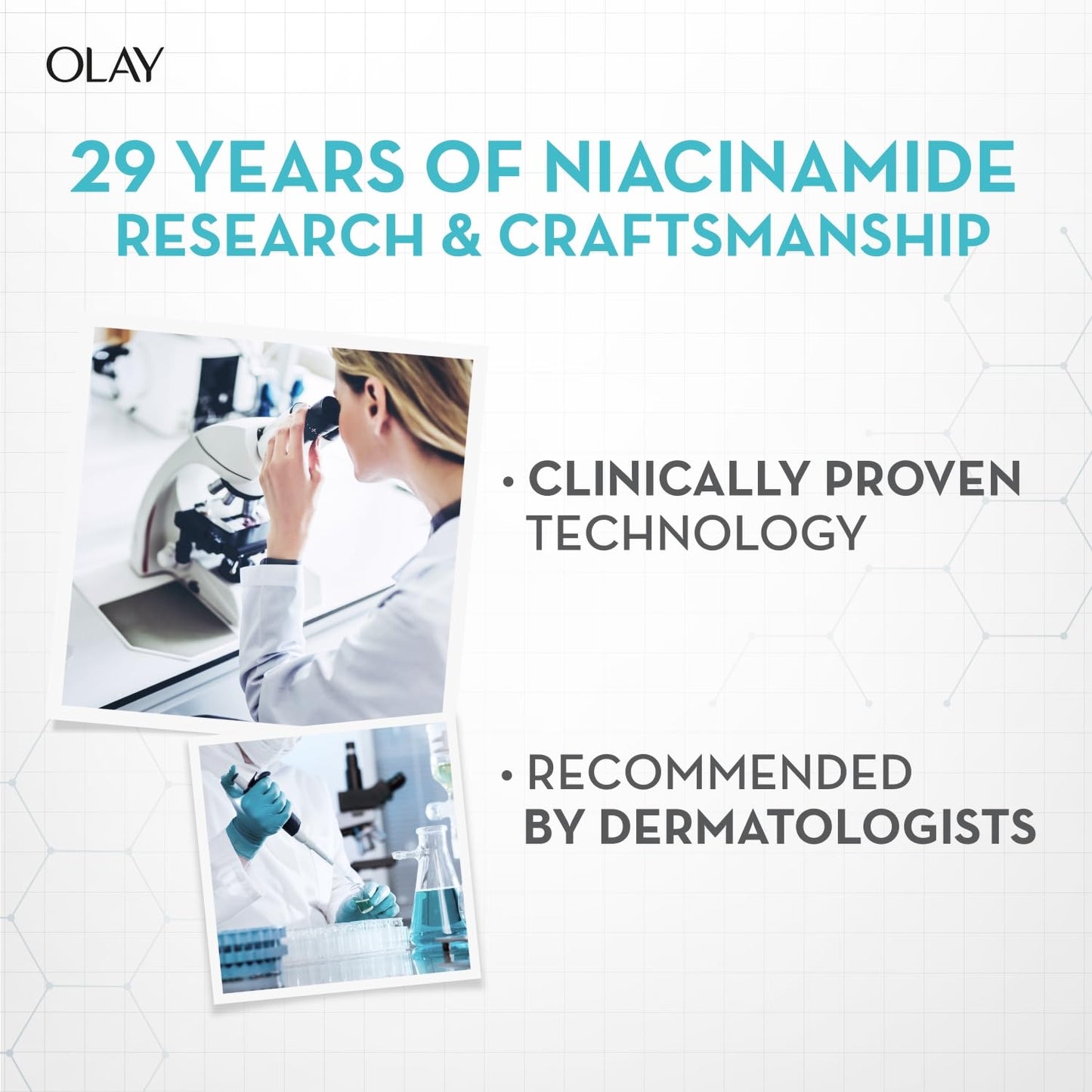 Advertisement for Olay featuring a scientist in a lab with text about niacinamide research and dermatologist recommendation.