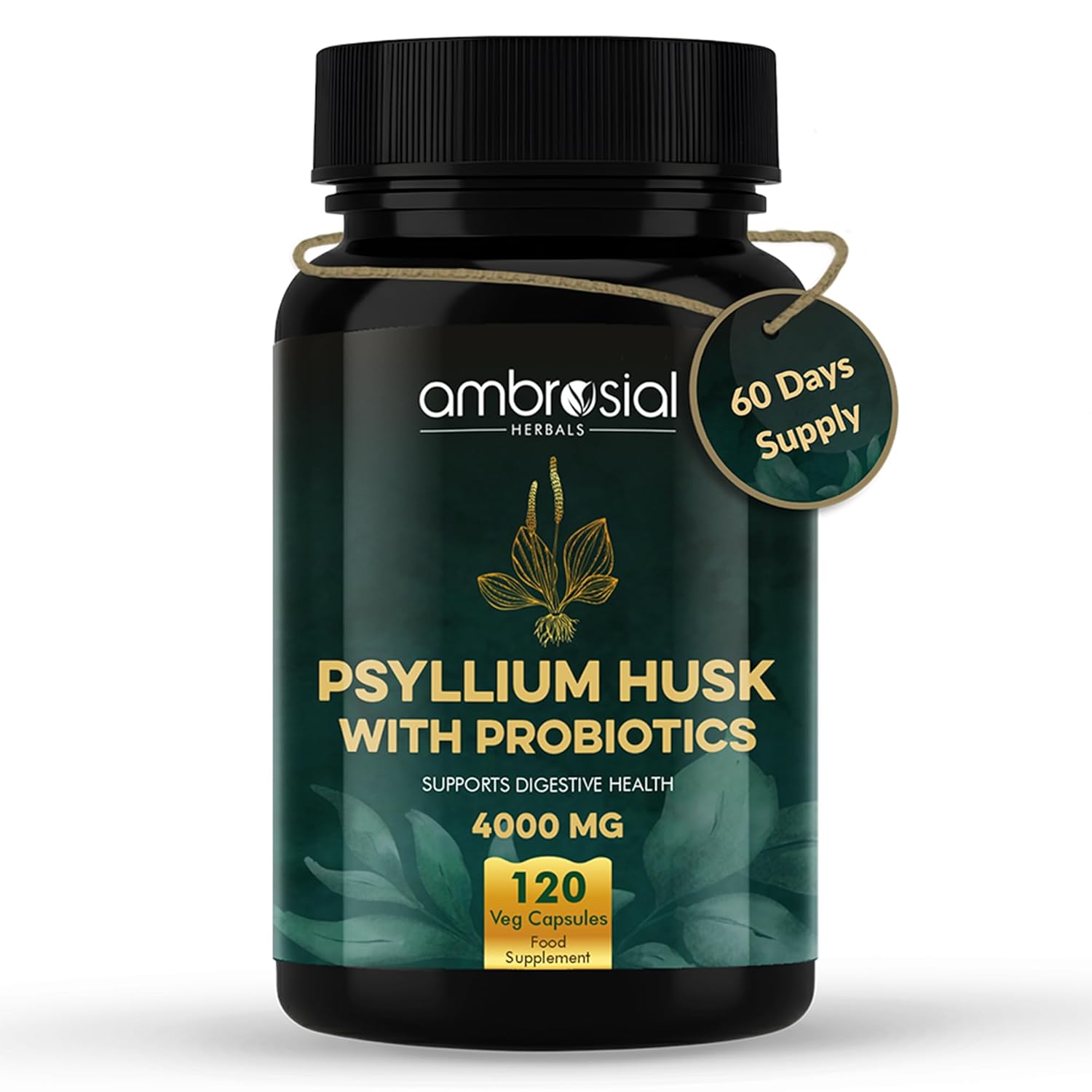 Bottle of Ambrosial Psyllium Husk with Probiotics on a white background